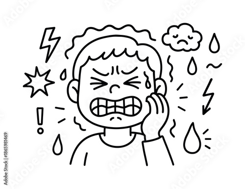 Expression of Pain. Painful expression. Hand-drawn doodle illustration Painful expression grimace smile, eye squeeze, clenched jaw, wavy outline, pain spark,