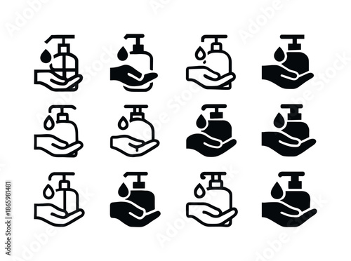 Hygiene Icon Collection. Workplace hygiene standards. Icon set. Set Logo of Workplace hygiene standards: sanitizer bottle. harmonious logo variations of the