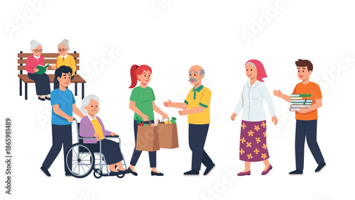 Group of diverse people providing assistance and support to elderly individuals, including helping with groceries, pushing a wheelchair, and reading, symbolizing community care.