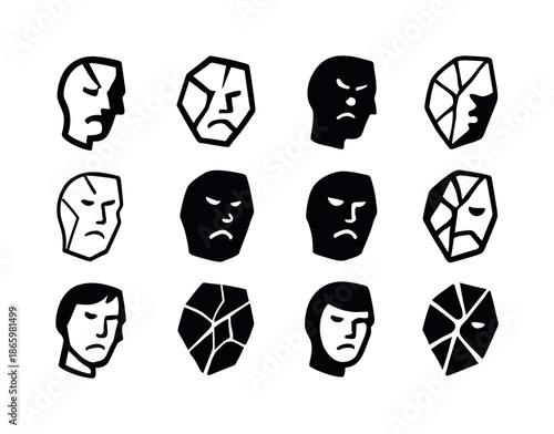 Shattered Mirror Icons. self-directed anger. Icon set. Set Logo of self-directed anger: shattered mirror piece. harmonious logo variations of the