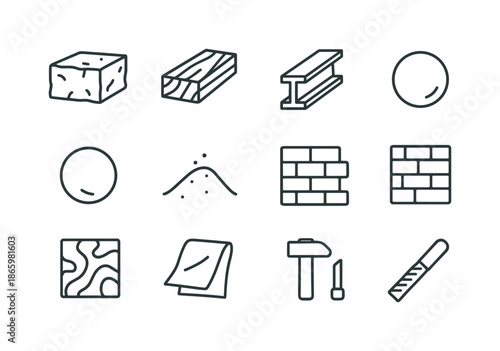 Material Line Icons. Material & Texture. Line icon set of Material & Texture: stone block, wood plank, metal beam, clay ball, sand pile, brick wall, marble