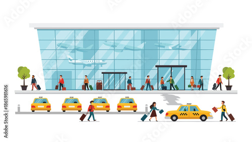 Bustling airport terminal with passengers arriving and departing, taxis waiting, and airplanes visible through the windows, illustrating global travel and transportation hub.