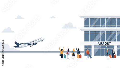 Passengers at a modern airport terminal waving goodbye to a departing airplane, symbolizing travel, farewells, new journeys, and global connections.