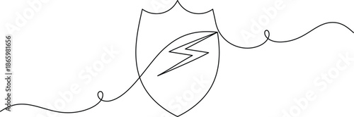 Shield with electricity lighting bolt icon continuous one line drawing on white background minimalist security symbol outline vector illustration