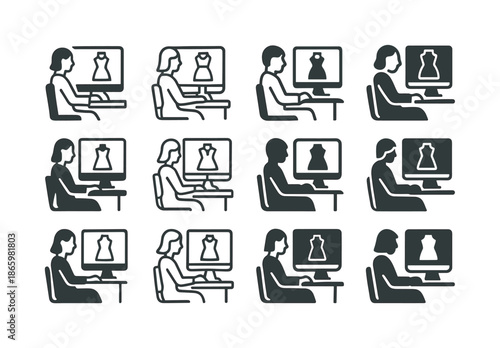 Fashion Design Icons. A designer creating a new collection on a computer with fashion design software. Icon set. Set Logo of A designer creating a