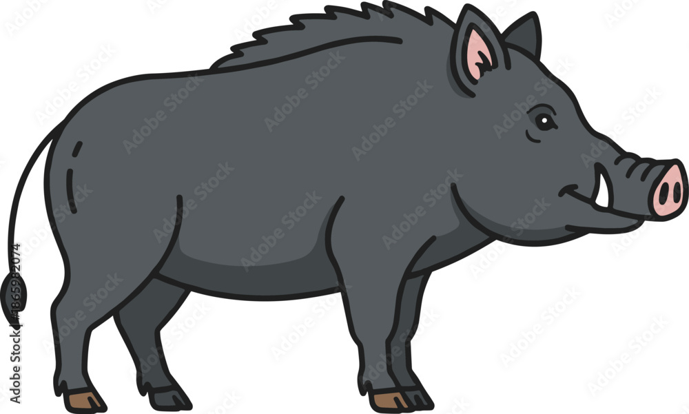 Fototapeta premium Wild boar cartoon vector illustration standing side view forest animal wildlife character isolated on white background