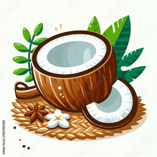 A split coconut with star anise a white flower and foliage on woven straw