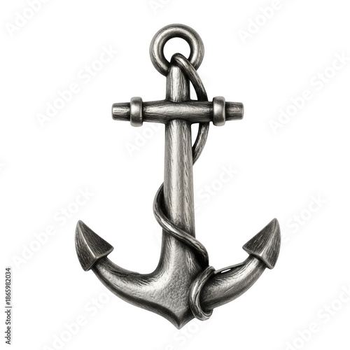 Detailed antique silver anchor with rope on png isolated transparent background black background metal
