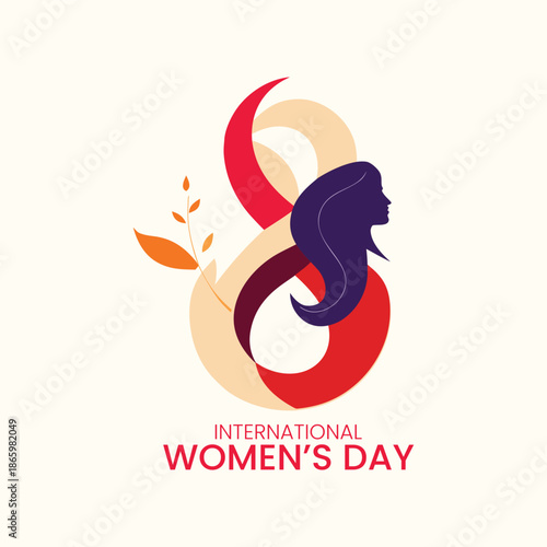 International Womens Day Number Eight with Female Profile and Leaves