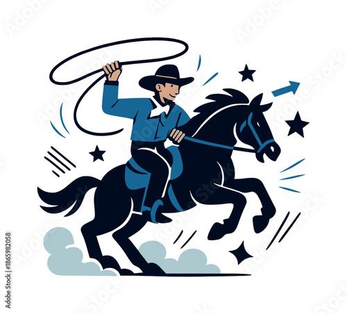 Dynamic Cowboy Rodeo. Cowboy rodeo. A rider swings a lasso while controlling a bucking horse, dust clouds rising around them. Action lines and stars add drama.