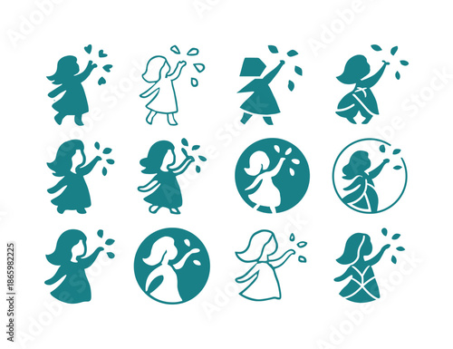 Flower Girl Icons. Flower Girl. Icon set. Set Logo of Flower Girl: girl tossing petals in circle. harmonious logo variations of the same emblematic concept,