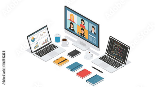Isometric illustration of a remote work setup with laptops, a monitor displaying a video conference, and office supplies, symbolizing flexible working and digital collaboration.