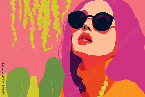 Stylish Woman Enjoying a Colorful Mushroom Garden