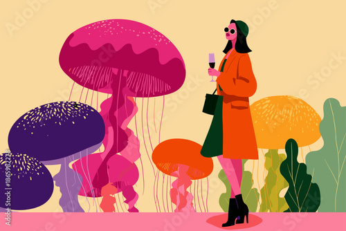 Stylish Woman Enjoying a Colorful Mushroom Garden