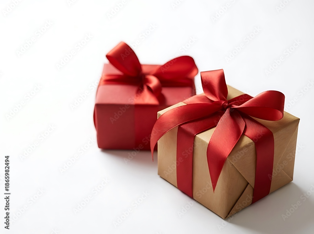 Fototapeta premium Two gift boxes with red ribbons one red one brown isolated
