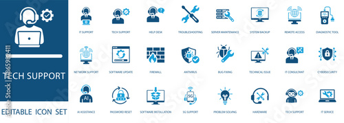 Tech support icon set. Includes customer help desk, cybersecurity, network, hardware repair, and cloud computing symbols for web and app design.