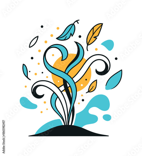 Airflow Dynamics Study. Air Currents Study. Abstract ribbon-like airflow lines twist upward from a small hill, carrying floating particles and feather shapes.