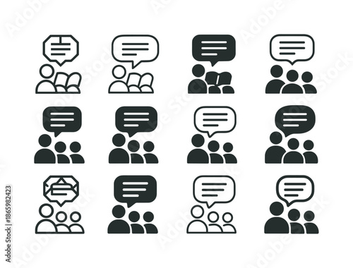 Reading Aloud Logos. Reading aloud to students. Icon set. Set Logo of Reading aloud to students: speech bubble with text lines. harmonious logo variations of