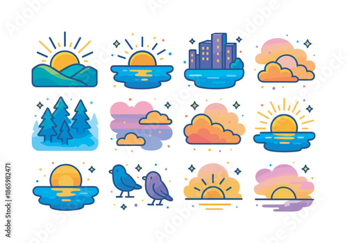Morning Icon Symphony. Early Morning Scenery. Colorful isometric vector icons set of Early Morning Scenery: sunrise over hills, glowing lake, city dawn lights,