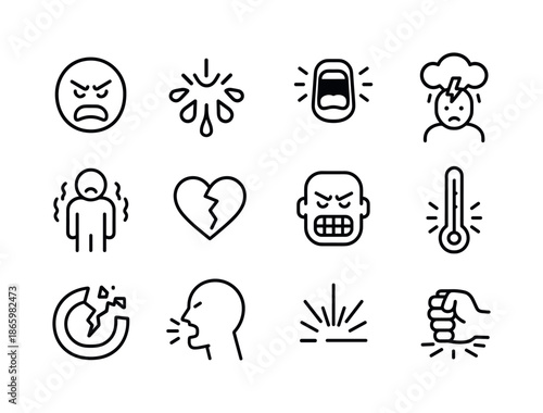 Emotional Outburst Icons. Emotional outburst. Line icon set of emotional outburst: rage face icon, tear explosion, screaming mouth, storm cloud head, shaking
