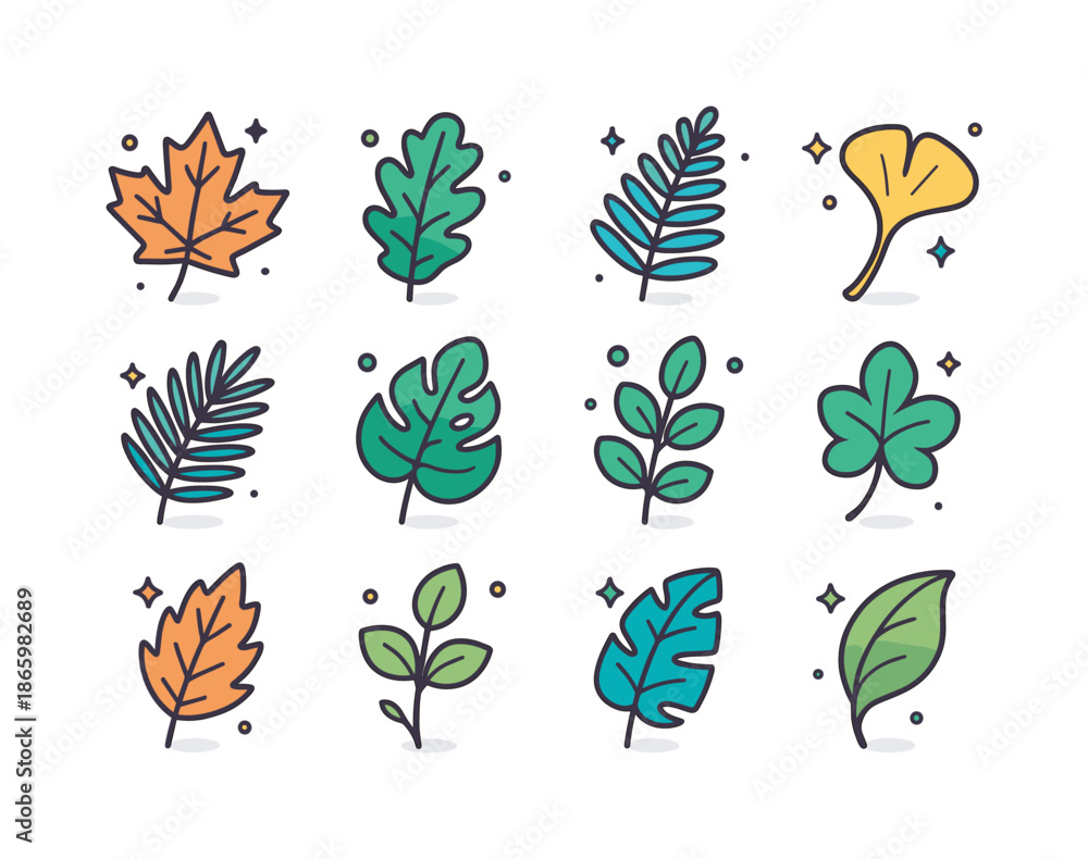 Obraz premium Colorful Leaf Icons. Leaf. Colorful isometric vector icons set of Leaf: maple leaf, oak leaf, fern frond, ginkgo leaf, palm leaf, monstera leaf, eucalyptus