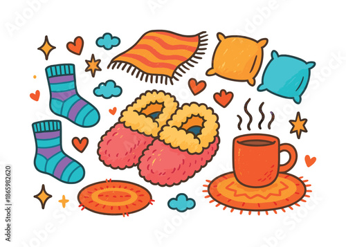 Cozy Fuzzy Slipper Doodles. Slipper Warmth. Colorful Hand-drawn doodle Children illustration fuzzy slippers, soft lining, socks, blanket, warm mug, sparkles,