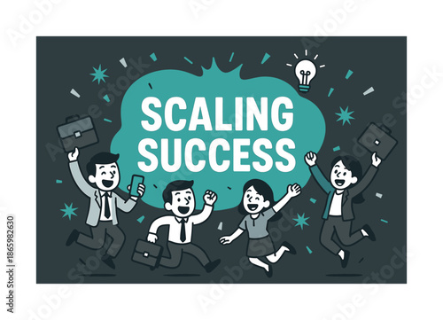 Celebratory Success Banner. Scaling success banner, flat vector illustration, bold oversized text inside rounded blob, cartoon characters jumping and