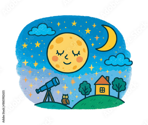 Whimsical Night Sky. Moon. Colorful Hand-drawn doodle Children illustration Moon full moon, crescent moon, tiny stars, fluffy clouds, sleepy face on moon,