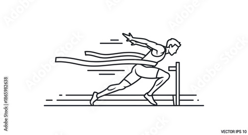 Runner Breaking the Finish Line Tape: Vector Illustration of Athlete Winning Race.