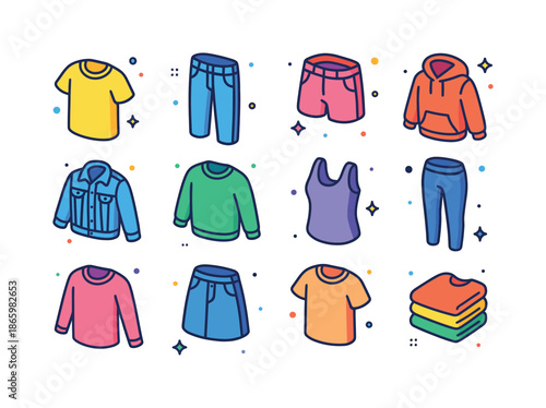 Colorful Clothing Icon Set. Clothing essentials. Colorful isometric vector icons set of clothing essentials: tee, jeans, shorts, hoodie, denim jacket, sweater,