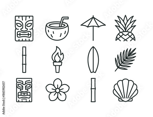 Tiki Bar Line Icons. Tiki Bar Icons. Line icon set of Tiki Bar Icons: tiki mug, coconut bowl, umbrella pick, pineapple crown, bamboo straw, torch flame,