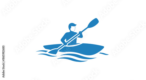 Silhouette of a person kayaking on blue water with waves.