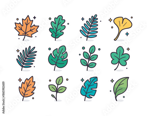 Colorful Leaf Icons. Leaf. Colorful isometric vector icons set of Leaf: maple leaf, oak leaf, fern frond, ginkgo leaf, palm leaf, monstera leaf, eucalyptus