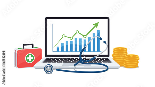 Laptop displaying a rising growth chart, accompanied by a stethoscope, first aid kit, and stacks of coins, symbolizing healthcare business growth and financial health.