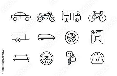 Road Trip Icon Set. Road trip ? Vehicles & Travel Gear. Line icon set of Road trip ? Vehicles & Travel Gear: car, motorcycle, camper van, bicycle, trailer,