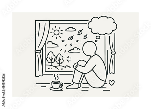 Contemplative Window View. Window gazing in silence. Hand-drawn doodle illustration Window gazing in silence window frame, seated figure, cup of tea, soft
