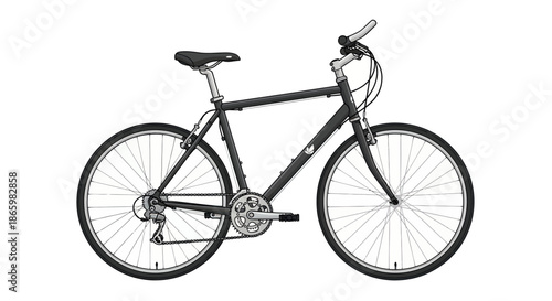 A dark-colored hybrid bicycle with a sturdy frame and visible gears.