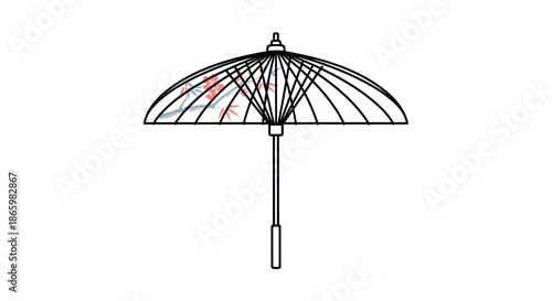 Elegant Black and White Open Parasol with Floral Accents.