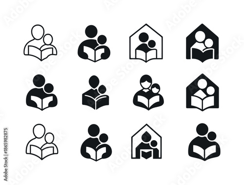 Home Education Icons. Home education and the role of parents in teaching. Icon set. Set Logo of Home education and the role of parents in teaching: parent and