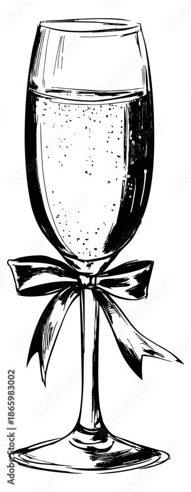 Obraz premium Hand drawn line art illustration of a champagne glass depicting sparkling wine with a decorative bow for celebration