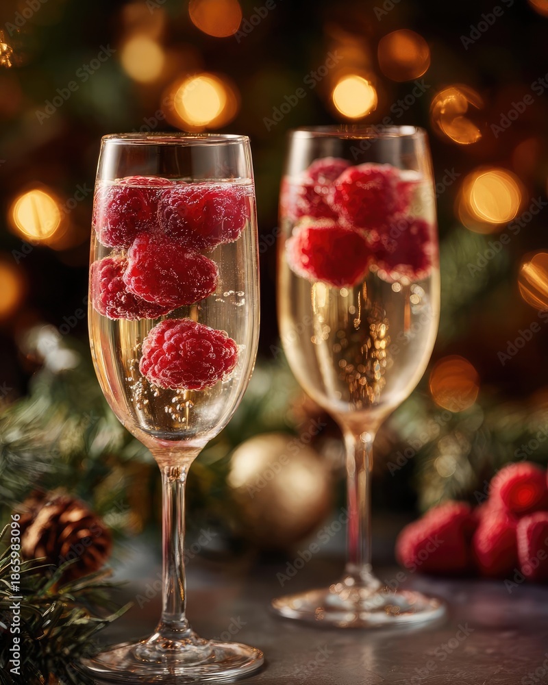 Obraz premium Two champagne flutes with raspberries in sparkling wine, set against a festive holiday backdrop. Concept Champagne Toast, Raspberry Garnish, Sparkling Wine, Festive Holiday Backdrop
