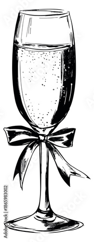 Hand drawn line art illustration of a champagne glass depicting sparkling wine with a decorative bow for celebration
