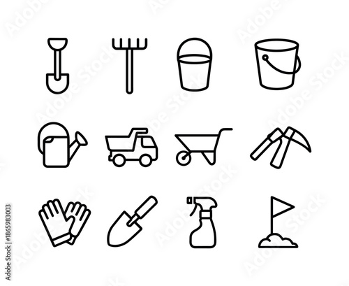 Outdoor Play Icon Set. Outdoor Play Tools. Line icon set of Outdoor Play Tools: shovel, rake, hoe, bucket, watering can, toy truck, wheelbarrow, mini pickaxe,