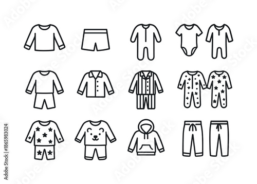 Children's Sleepwear Icons. Children's sleepwear. Line icon set of children's sleepwear: long sleeve pajama top, pajama shorts, footed pajamas, onesie icon,