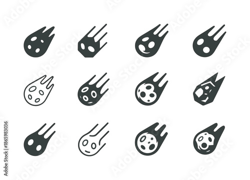 Asteroid Logo Variations. Asteroids. Icon set. Set Logo of Asteroids: meteor-like asteroid trail. harmonious logo variations of the same emblematic concept,
