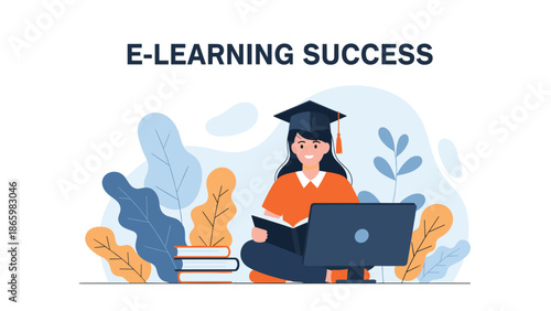 Student achieving e-learning success, sitting cross-legged with a laptop and books surrounded by decorative plants, focusing on online education.
