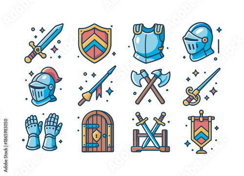 Baron's Armory Icons. Baron?s Armory. Colorful isometric vector icons set of Baron?s Armory: ornate sword, decorated shield, steel breastplate, chainmail,