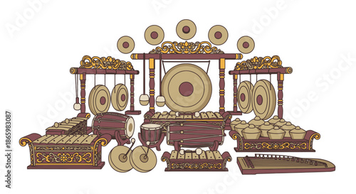 Traditional Indonesian Gamelan Orchestra Ensemble with Various Percussion Instruments.