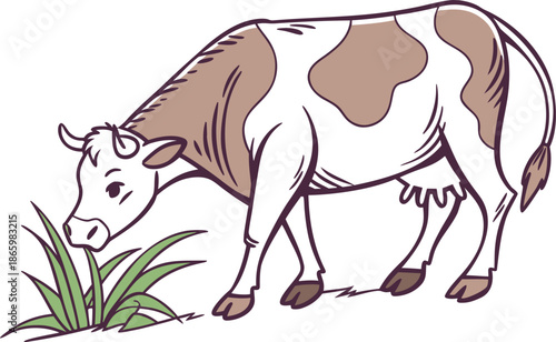 Cow Eating Green Grass In Field. Grazing Cow In Green Field. Cow Feeding On Fresh Grass. Farm Cow Grazing In Meadow. Cow In Pasture Eating Grass. Rural Cow Grazing Scene. Healthy Cow Eating Grass