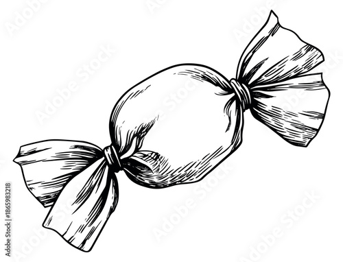 Hand drawn line art illustration of a wrapped candy depicting a sweet treat for confectionery design